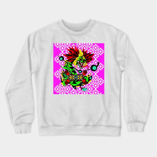 quetzalcoatl dragon in mexican tribal aztec art ecopop pattern beast in pink layer Crewneck Sweatshirt by jorge_lebeau